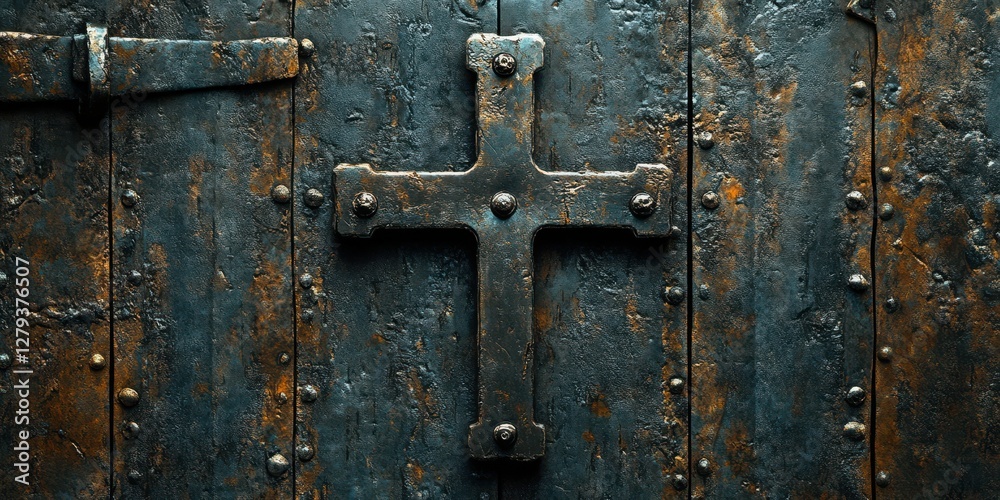 Rusty metallic cross on an ancient wooden door exudes a sense of history and spirituality in a tranquil setting Rusty metallic cross on an ancient wooden door exudes a sense of history and spirituality in a tranquil setting