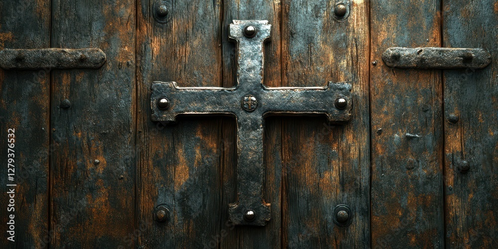 Rustic wooden door featuring an ornate metal cross emblem in a historical setting Rustic wooden door featuring an ornate metal cross emblem in a historical setting