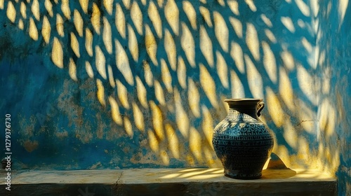 A clay pot rests quietly on a stone ledge, the warm afternoon sun creating delicate shadows on an aged blue wall. The play of light adds depth and artistry to the scene
