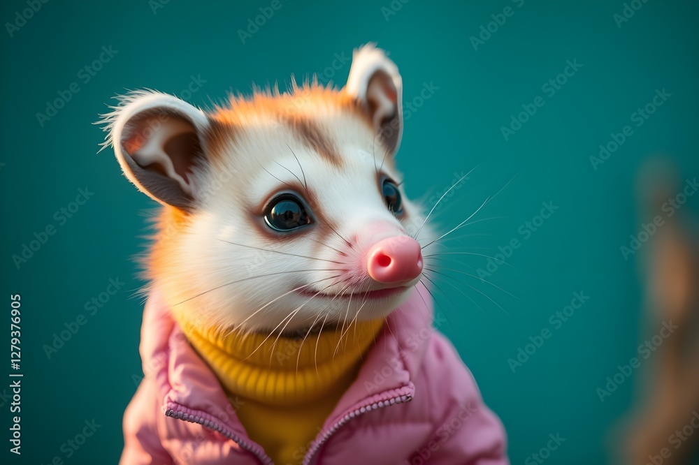 Cute opossum wears bright pink puffer jacket. Happy animal in front of turquoise backdrop. Funny, colourful wildlife animal photo Cute opossum wears bright pink puffer jacket. Happy animal in front of turquoise backdrop. Funny, colourful wildlife animal photo
