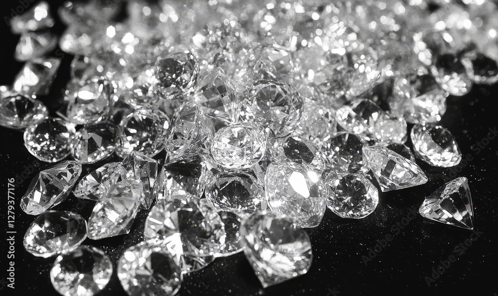 Brilliant cut diamonds scattered on a black surface, reflecting light and showcasing their flawless clarity and luxurious sparkle, symbolizing wealth and Brilliant cut diamonds scattered on a black surface, reflecting light and showcasing their flawless clarity and luxurious sparkle, symbolizing wealth and