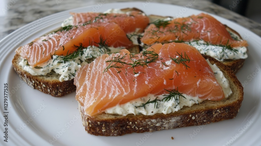 Fresh Salmon Slices on Toast with Cream Cheese and Dill Garnish Fresh Salmon Slices on Toast with Cream Cheese and Dill Garnish