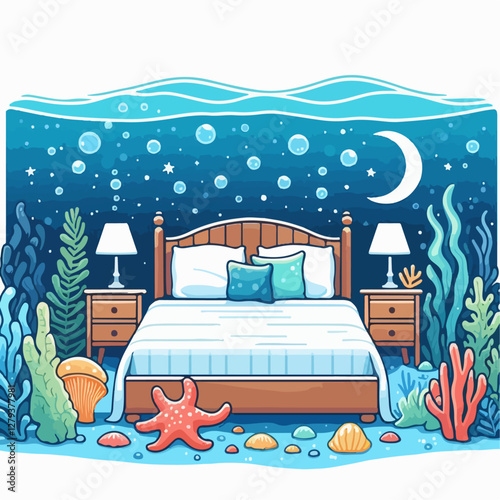 vector illustration of bedroom under the sea