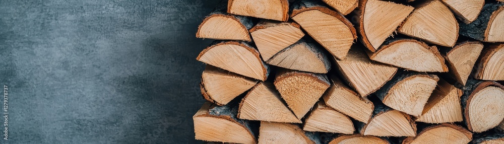 Stacked Firewood Logs with Warm Tones against a Dark Textured Background for Cozy Atmosphere Stacked Firewood Logs with Warm Tones against a Dark Textured Background for Cozy Atmosphere