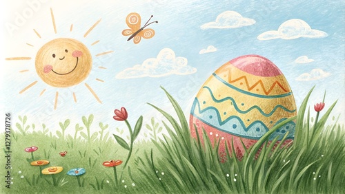 Easter egg, joyful mood, colorful crayon drawing, sunny background, playful scene