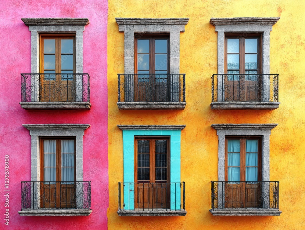 Fototapeta premium Colorful building facade with balconies and windows. Perfect for travel, architecture, or real estate projects.