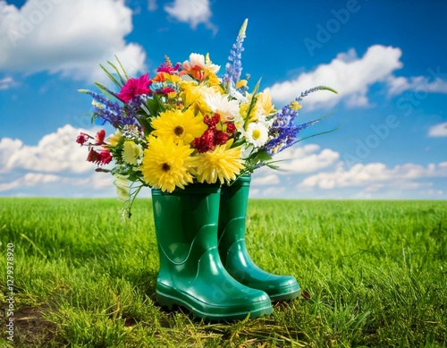 Bouquet de fleurs dans une paire de botte dans un champ