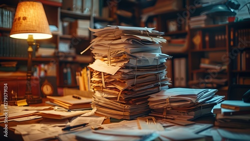 Chaotic Office Desk Overloaded with Paperwork: Stacks of Folders, Invoices, Tax Forms, and Business Receipts in a Cluttered Workspace
