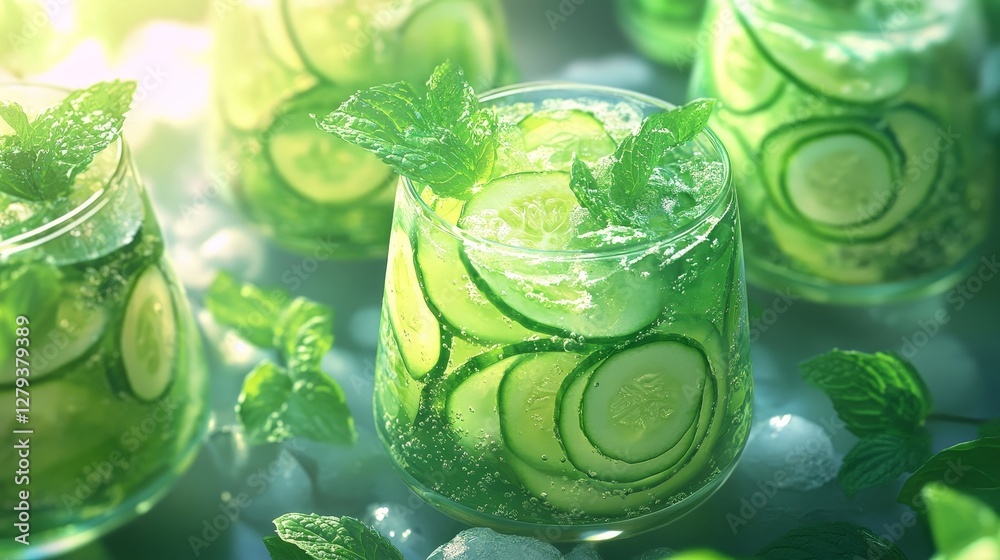 Refreshing Cucumber Mint Beverage in Clear Glasses with Ice Refreshing Cucumber Mint Beverage in Clear Glasses with Ice