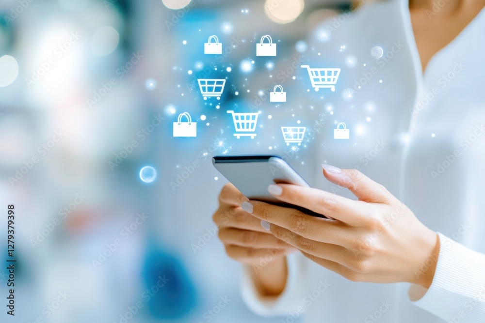 Woman engaged in online shopping using smartphone with animated shopping cart and discount icons illustrating modern e-commerce trends