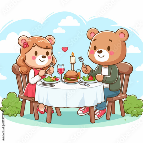 vector illustration of cartoon bear eating at the dining table