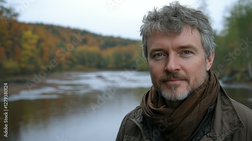 A man with gray hair and a beard wears a scarf while enjoying a peaceful moment by a river. Colorful autumn leaves create a beautiful backdrop in the serene landscape