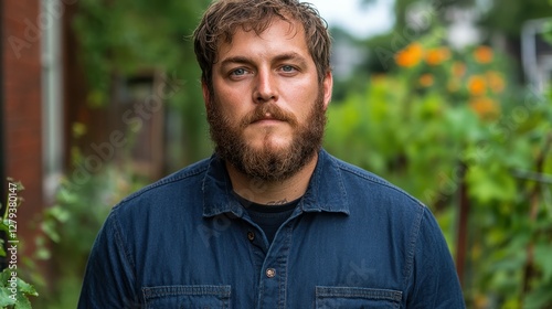 A bearded man poses in a lush garden filled with vibrant flowers and plants. Sunlight illuminates the scene, highlighting his calm expression and casual attire