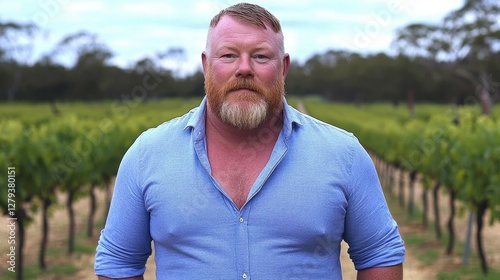 A man with a beard poses confidently in a vineyard filled with rows of grapevines under a partly cloudy sky. It is daytime, highlighting the green landscape around him