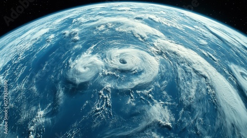 Swirling clouds form two distinct hurricanes over the Atlantic Ocean, showcasing the power of nature. The image captures the storms as they develop and move toward the coast