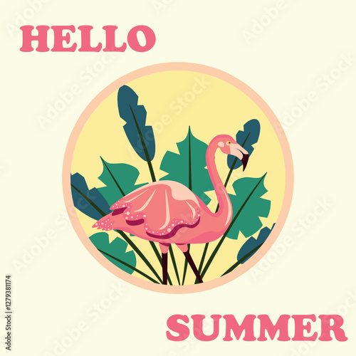 Hello Summer colored vector illustration with pink flamingo and sun on light yellow background. Vector Summertime poster. Hello Summer.