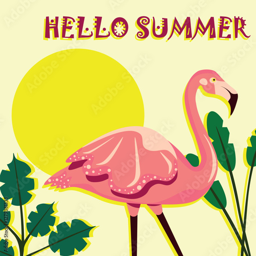 Hello Summer colored vector illustration with pink flamingo and sun on light yellow background. Vector Summertime poster. Hello Summer.