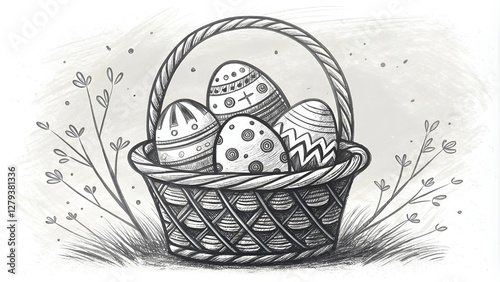 Easter eggs in a basket, festive mood, hand-drawn design, black and white, sketch style, copy space