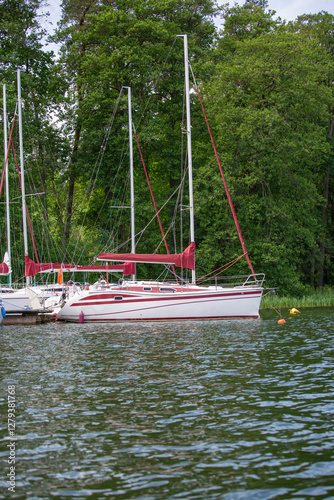 Obraz na płótnie Yachts moored in small marina on wooded coast on Masurian Lakes, Masuria, Masurian Lake Land, Poland w salonie