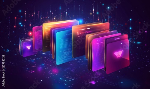 Futuristic Workflow Automation Concept with AI in Digital Document Management, Highlighting Streamlined Processes, Reduced Manual Tasks, and Advanced Technology at Night, Vibrant Colors, Tech