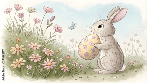 Cute rabbit holding Easter egg in flowers with a butterfly on a pastel background