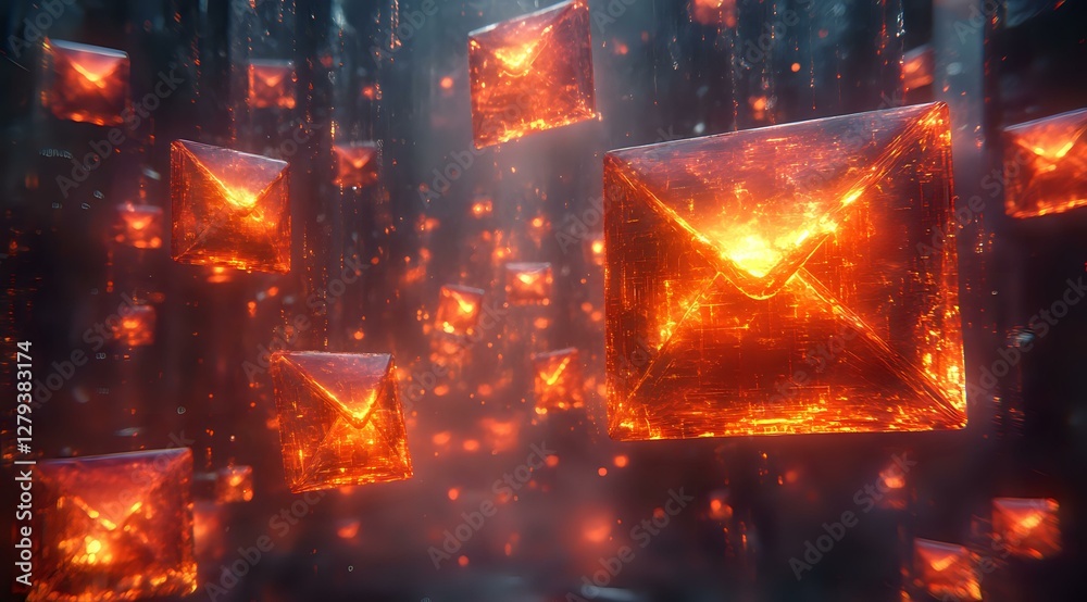 Glowing fiery envelopes floating in dark space with sparks and embers, symbolizing urgent messages and digital communication in dramatic orange and red tones. Glowing fiery envelopes floating in dark space with sparks and embers, symbolizing urgent messages and digital communication in dramatic orange and red tones.