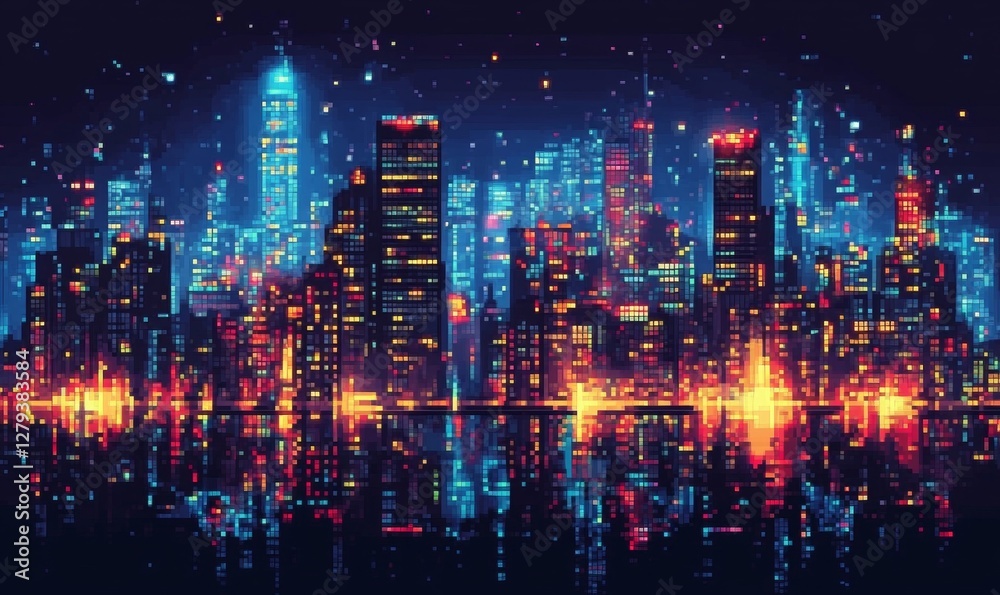Retro Pixel Art Futuristic Cityscape with Old and Modern Buildings - 8-bit Video Game Interface Background, Nighttime, Cyberpunk Theme Retro Pixel Art Futuristic Cityscape with Old and Modern Buildings - 8-bit Video Game Interface Background, Nighttime, Cyberpunk Theme