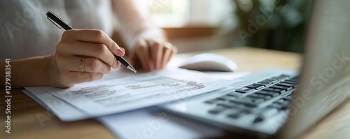 Businesswoman Calculating Invoice On Computer