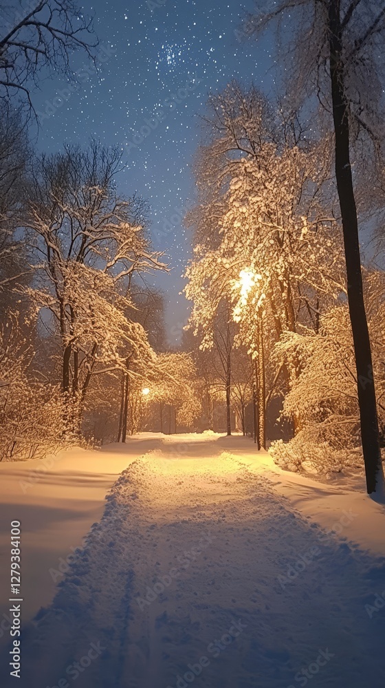 Enchanting Winter Night Forest with Snow-Covered Trees and Starry Sky for Serene Landscape and Holiday Mood Enchanting Winter Night Forest with Snow-Covered Trees and Starry Sky for Serene Landscape and Holiday Mood