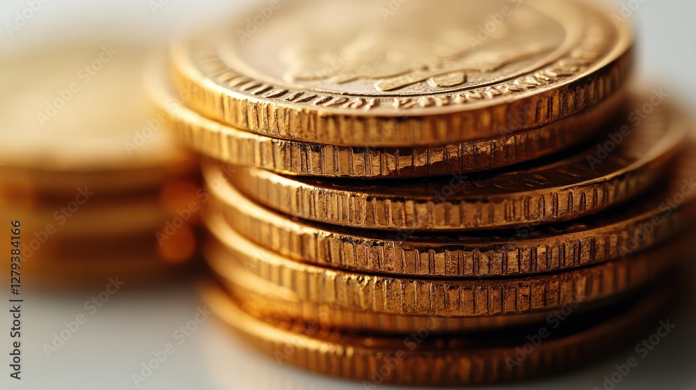 Close-up of stacked golden coins reflecting light with a soft background, symbolizing wealth and finance Close-up of stacked golden coins reflecting light with a soft background, symbolizing wealth and finance