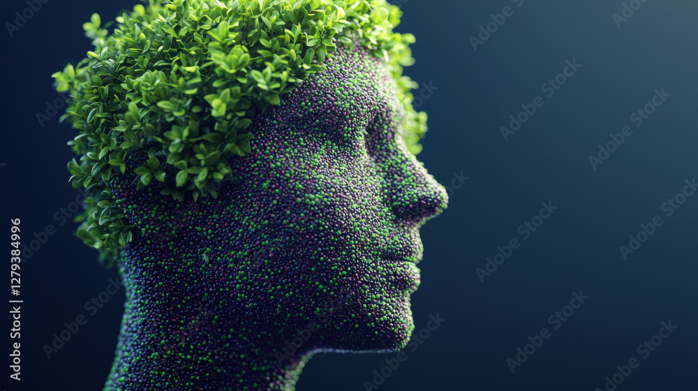 digital representation of human head with green foliage symbolizes sustainable innovation digital representation of human head with green foliage symbolizes sustainable innovation