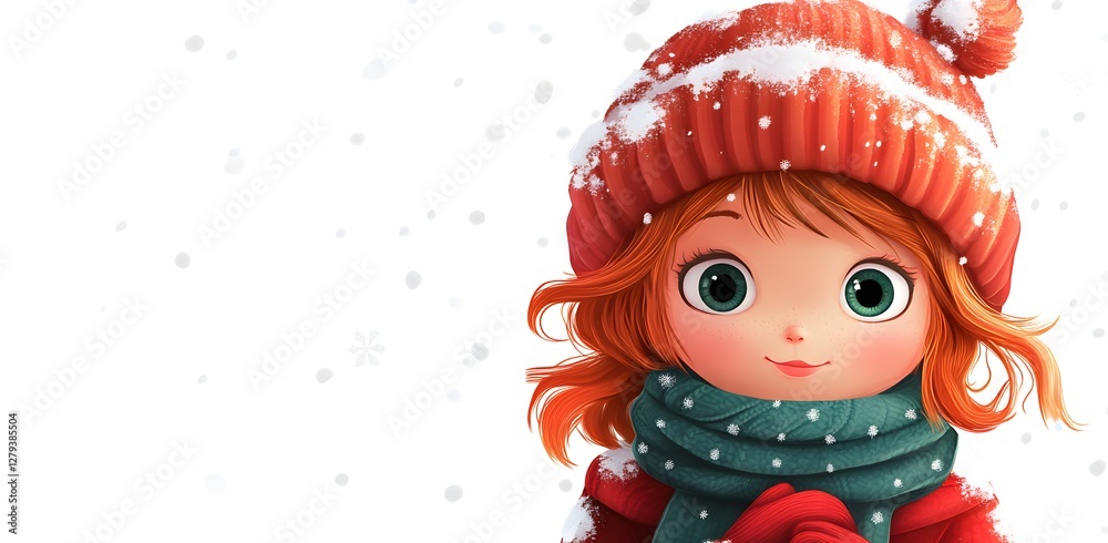 Cartoon girl wearing a red hat and a green scarf is standing in the snow. She is smiling and she is enjoying the winter weather