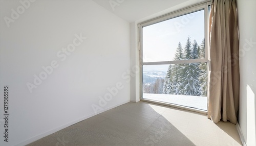 Interior background photo of an empty white room with panoramic window and winter landscape  photo