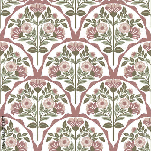 Seamless pattern with folk art elements. Elegant Scandinavian floral design with traditional motifs on a white background. Perfect for textiles, wallpaper, wrapping paper, and decorative projects.