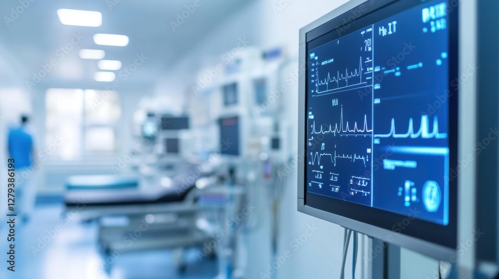 Health IT Innovation Medical monitor displaying vital signs in a hospital setting with healthcare professionals in the background. Health IT Innovation Medical monitor displaying vital signs in a hospital setting with healthcare professionals in the background.