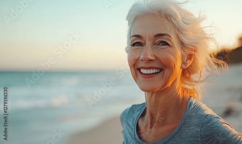 Joyful senior woman with white hair running on the beach, embodying active aging and wellness with a bright smile, in a coastal morning fitness