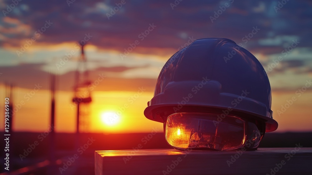 Beautiful image of an engineering helmet at sunset, civil construction Beautiful image of an engineering helmet at sunset, civil construction