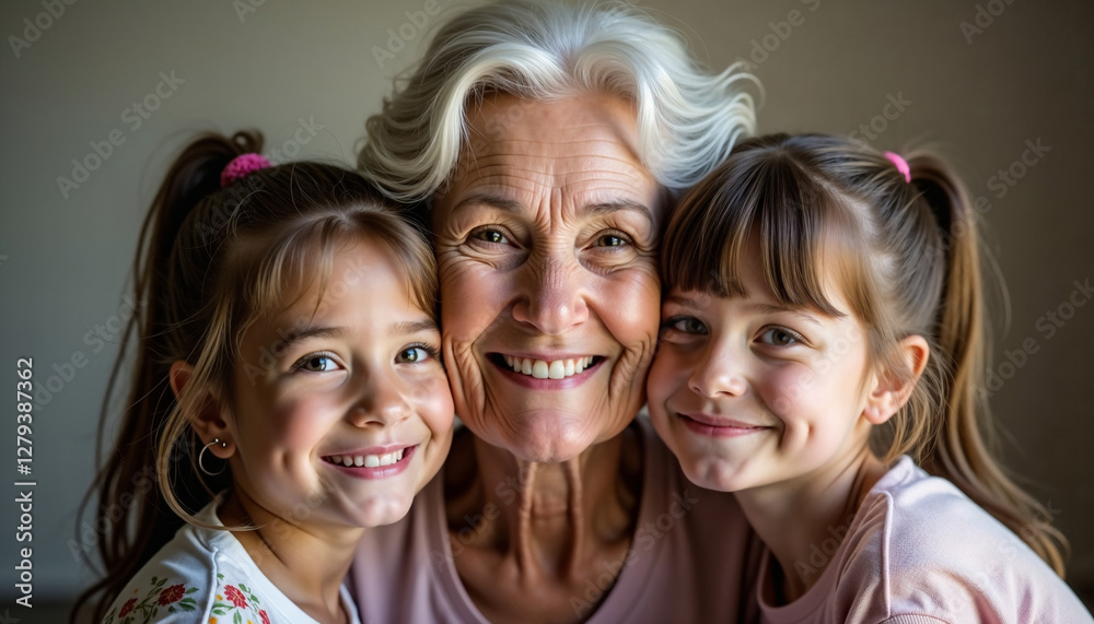Happy grandmother hugging two smiling granddaughters indoors Happy grandmother hugging two smiling granddaughters indoors