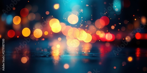 Bokeh lights create a mesmerizing urban atmosphere on a rainy night with vibrant colors and reflections