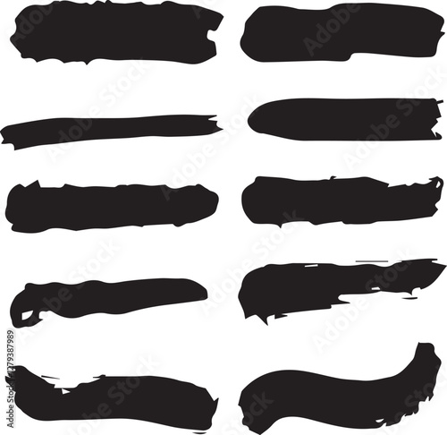 Vector collection of artistic grungy black paint hand made creative brush stroke set isolated on white background.