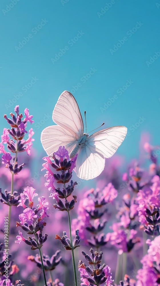 Naklejka premium White Butterfly Resting on Vibrant Purple Lavender Blossoms Under a Clear Blue Sky, Capturing Nature's Tranquility and Beauty