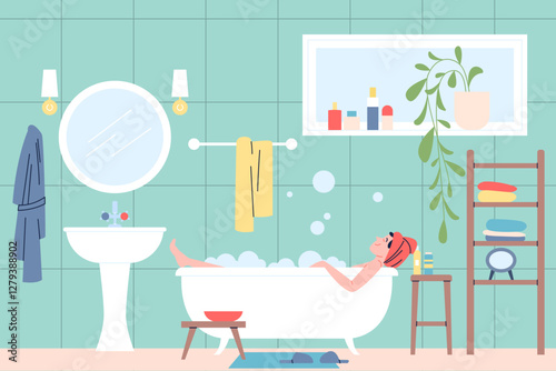Woman taking bath. Girl rest in bath with soap foam and bubbles. Relaxation time, calm lifestyle and hygiene procedures. Flat bathroom interior recent vector scene