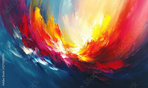 Vibrant Abstract Oil Painting with Bold Brush Strokes and Colorful Palette of Red, Yellow, Blue Hues Representing Dynamic Energy and Creativity, Ideal