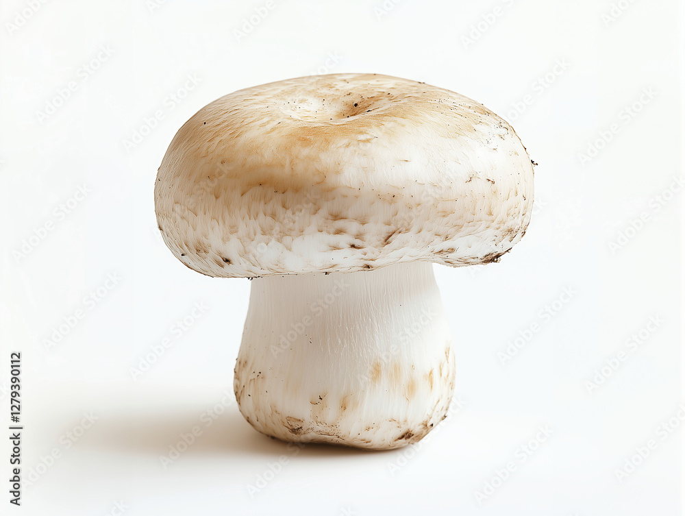 Photograph of a Fresh White Baby Button Mushroom on White Background Photograph of a Fresh White Baby Button Mushroom on White Background