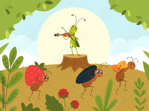 Grasshopper and ants. Cartoon grasshopper plays violin and ants work, carry food, and make supplies for winter. Insects in forest, children classy vector illustration