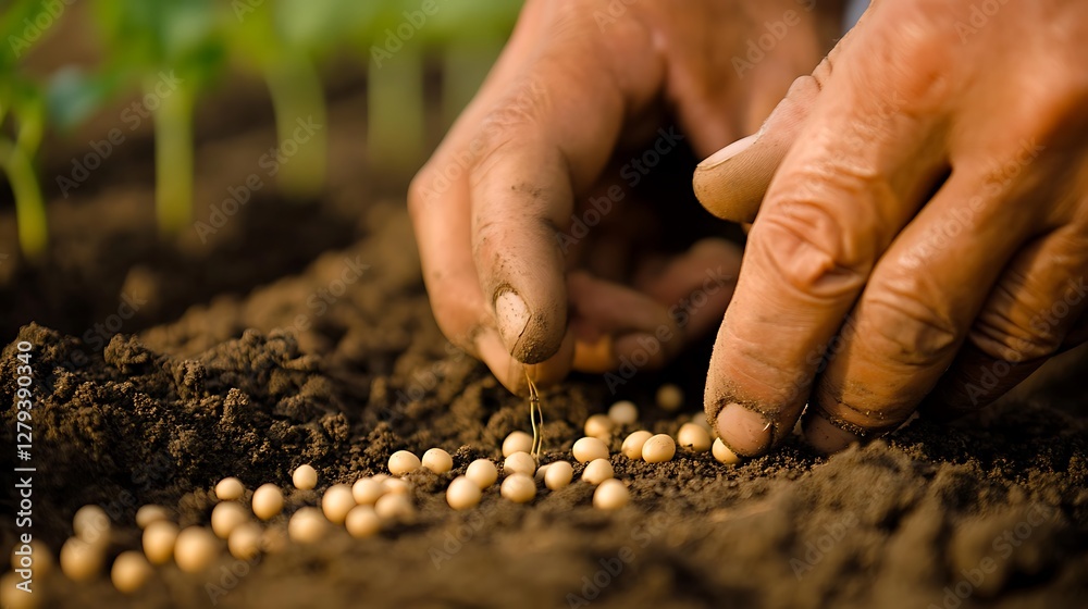 A close-up of a farmer’s hands planting seeds in the soil A close-up of a farmer’s hands planting seeds in the soil