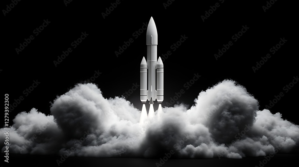 Rocket Launching into Space at Night, A rocket launching into space with smoke and flames, set against a dark sky Rocket Launching into Space at Night, A rocket launching into space with smoke and flames, set against a dark sky