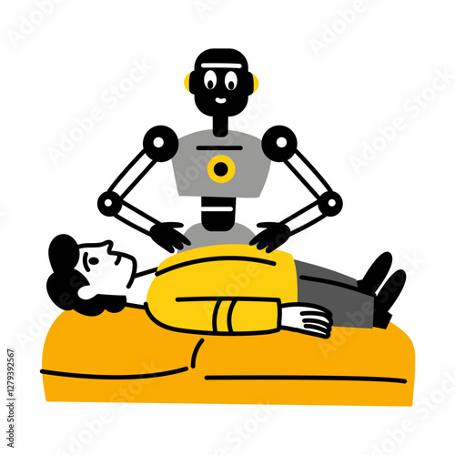 A flat style illustration of robot doctor checking a patient