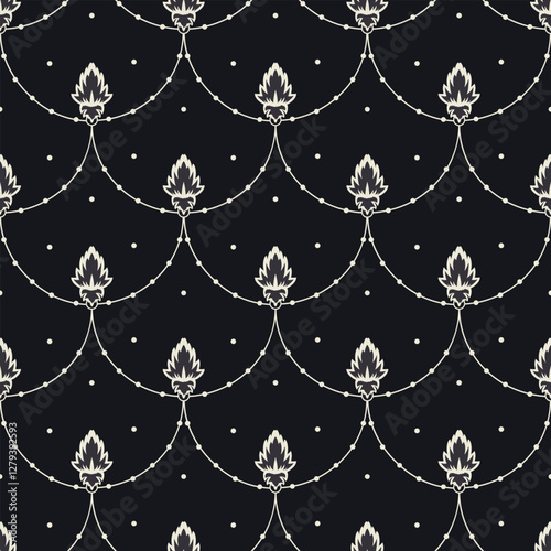 Flowers on ropes. Elegant vintage seamless pattern with floral motifs, curved lines, and dotted details on a dark background. Classic and sophisticated
