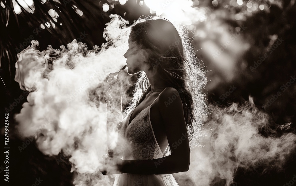 Obraz premium Woman vaping in a misty forest with sun rays filtering through trees during golden hour